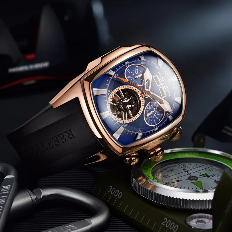 Топ бренд Reef Tiger Reloj Hombre Роскошные Tourbillon циферблат автоматические часы с резиновым ремешком механические водонепроницаемые мужские часы даты Relogio Masculino+ подарок
