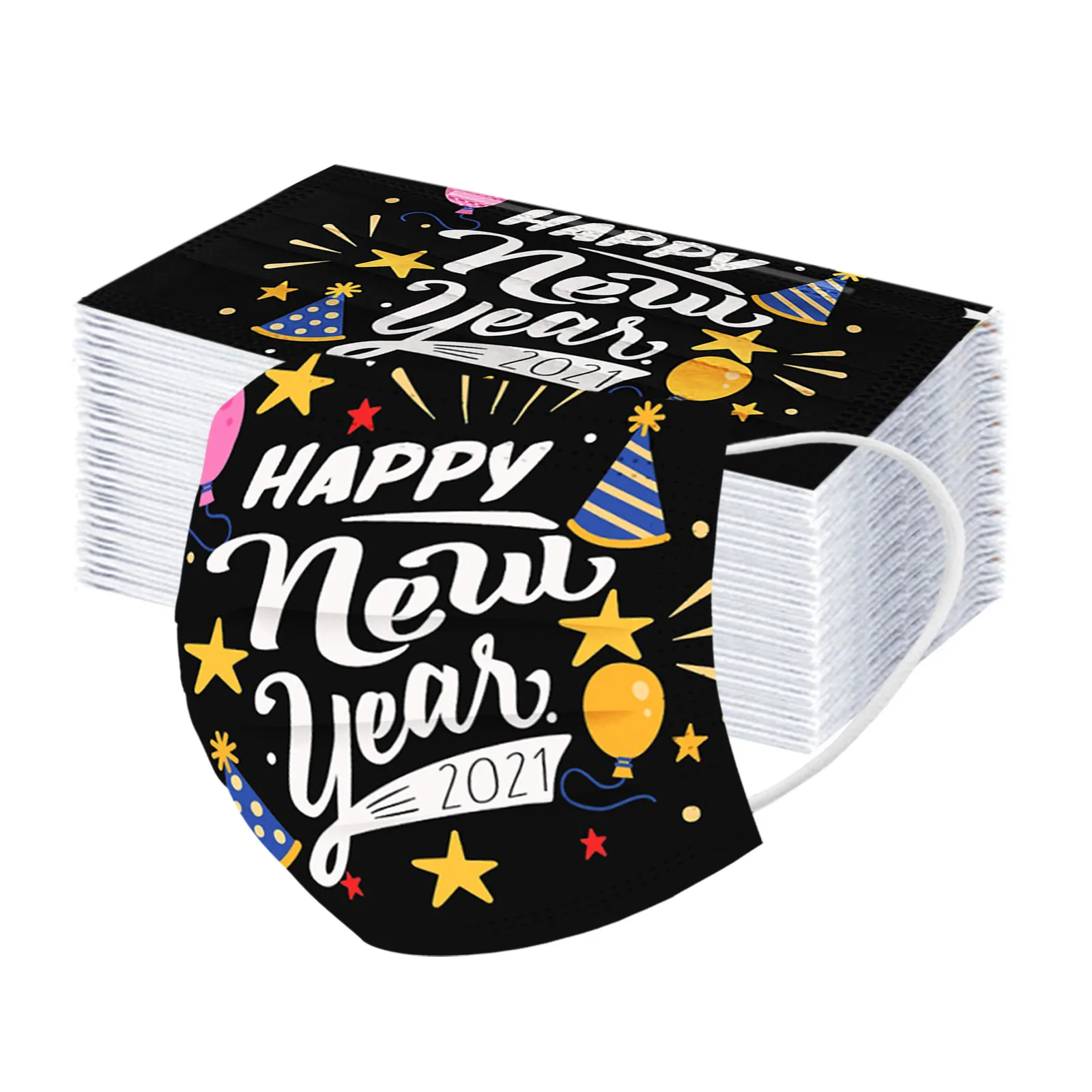 

Fast Delivery Within 24 Hours 50pcs 2021 Printed Disposable Mask Happy New Years Adult Christmas Mask 3 Layer Bandage Face Mask