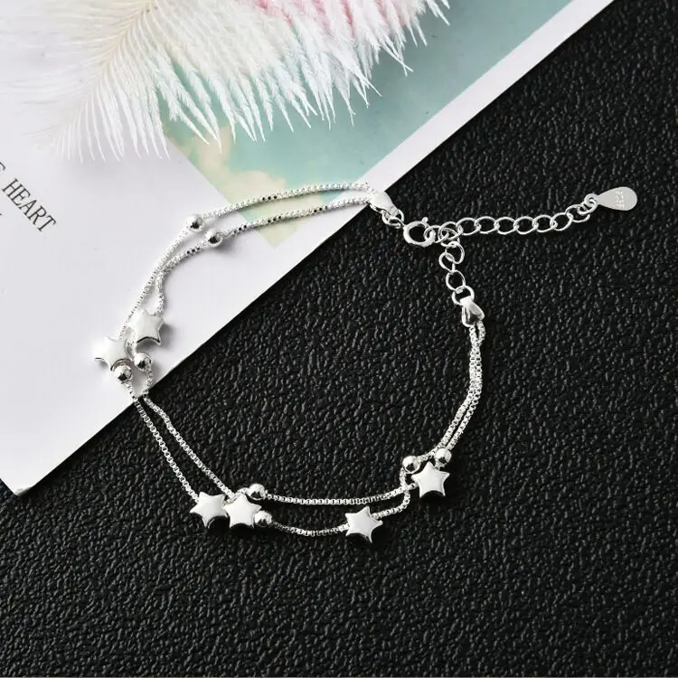 

925 Sterling Silver Fashion Double Layer Star Bead Bracelet Women's Quality Elegant Box Chain Charm Bracelet Birthday Party Gift