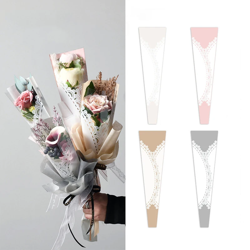 

New 20Pcs Vintage Lace Single Flower Bag Bouquet Wrapping Plastic Opp Transparent Bag Rose Flower Shop Packaging Material