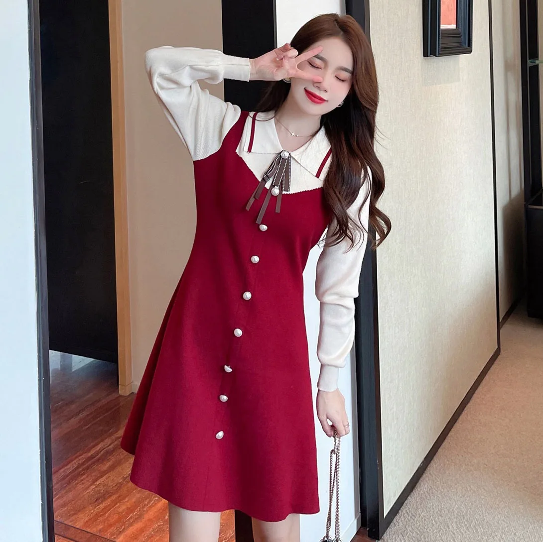 

Женское трикотажное платье-свитер, элегантное ТРАПЕЦИЕВИДНОЕ ПЛАТЬЕ во французском стиле с отложным воротником и длинным рукавом, Осень-зи...