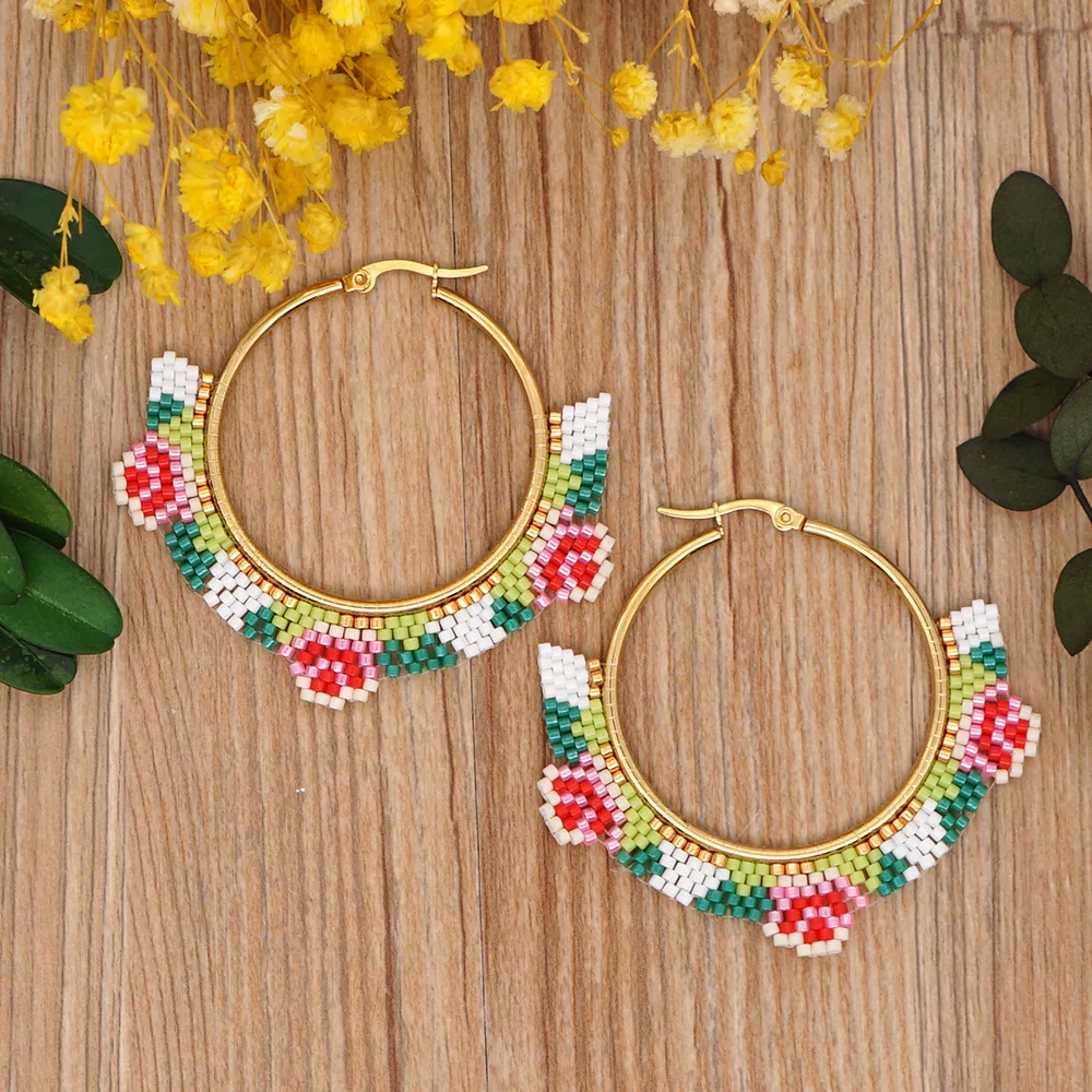 

Glass Beaded Candy Flower Ethnic Style Big Hoop Earrings Female Miyuki Rice Beads Hand-woven Earrings Hoop Earring Birthday Gift