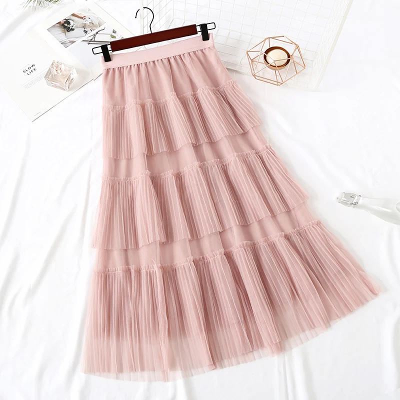 Весенне-летняя многослойная юбка-макси из фатина карамельного цвета Женская