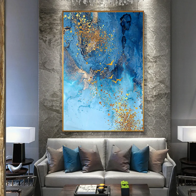 

Abstract Golden Foil Canvas Painting Blue Posters and Prints Wall Picture For Living Room Nordic Tableaux Abstract Home Decor