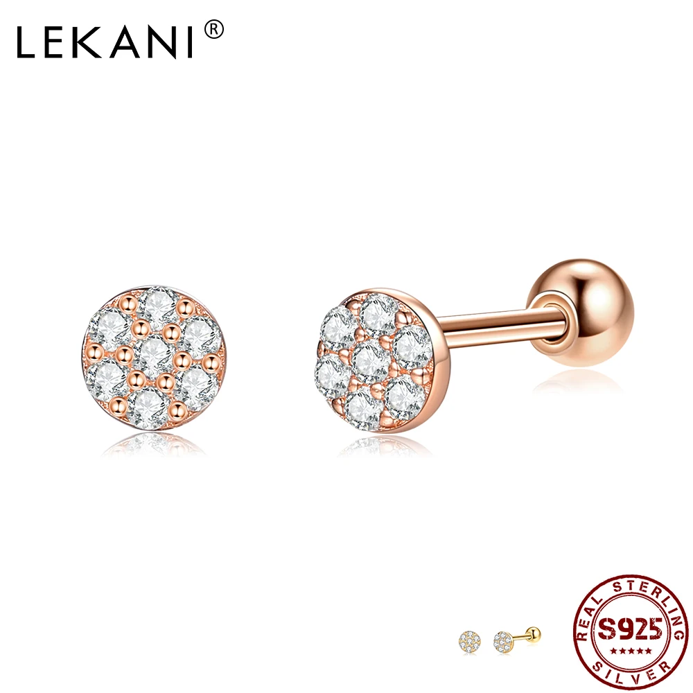 

LEKANI Round 925 Sterling Silver Stud Earrings Women Full Clear Cubic Zirconia Small Earring Female Rose Gold Fine Jewelry Gift
