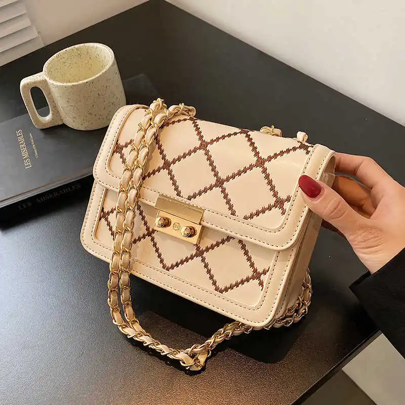 

Lingge Embroidery Thread Design Mini PU Leather Crossbody Bags for Women 2021 Summer Luxury Fashion Chain Shoulder Handbags