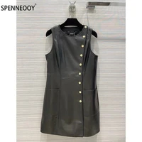 spenneooy designer brand autumn vintage party black genuine leather mini dress women single breasted sheepskin tank dresses