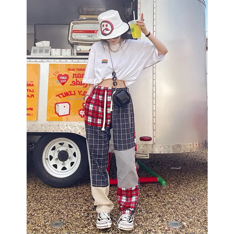 Брюки женские клетчатые в стиле хип-хоп с широкими штанинами | и капри