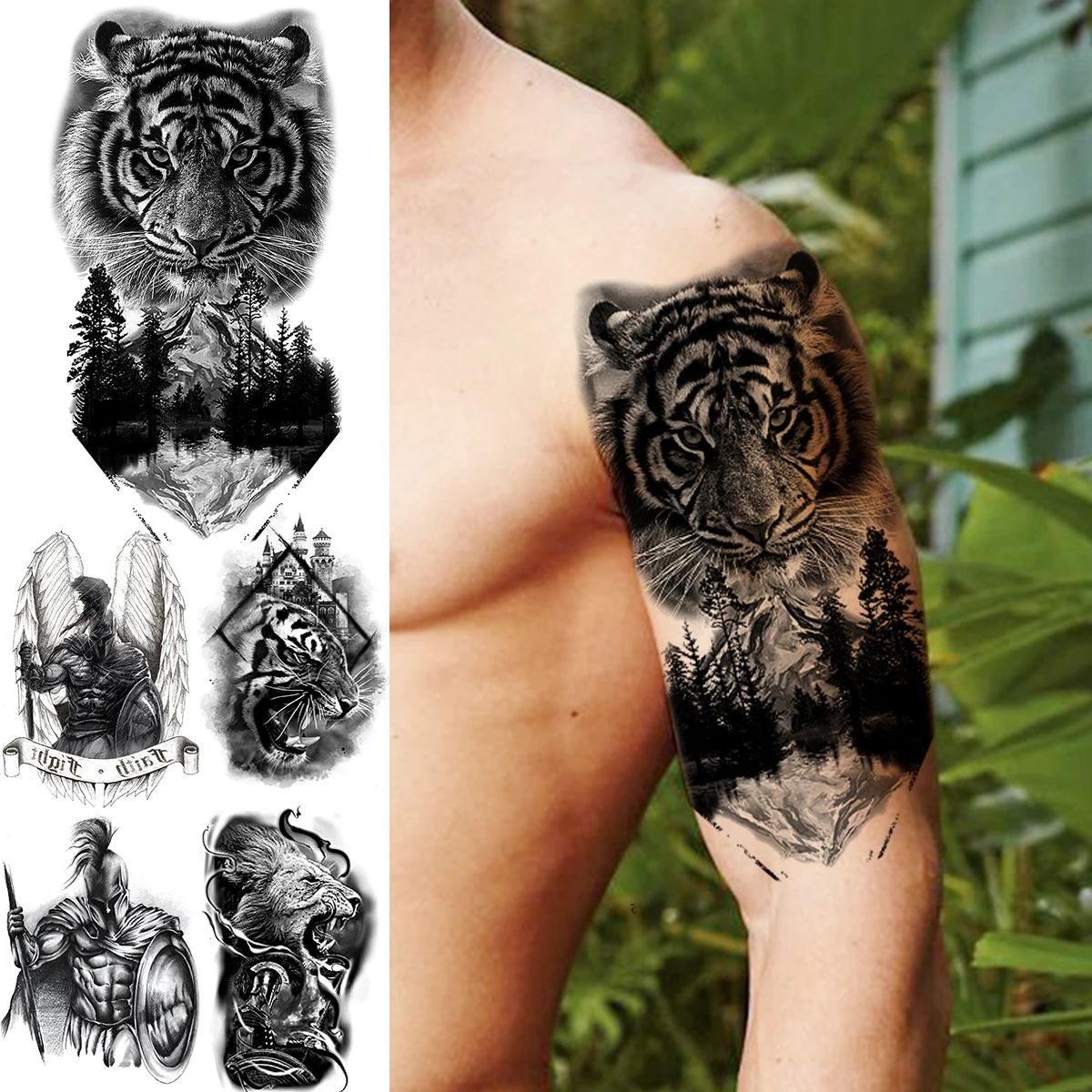 

Временные татуировки для мужчин, черная Тигровая лесная Гора, рыцарь для взрослых, Реалистичная поддельная татуировка, боди-арт, модные татуировки с полурукавами