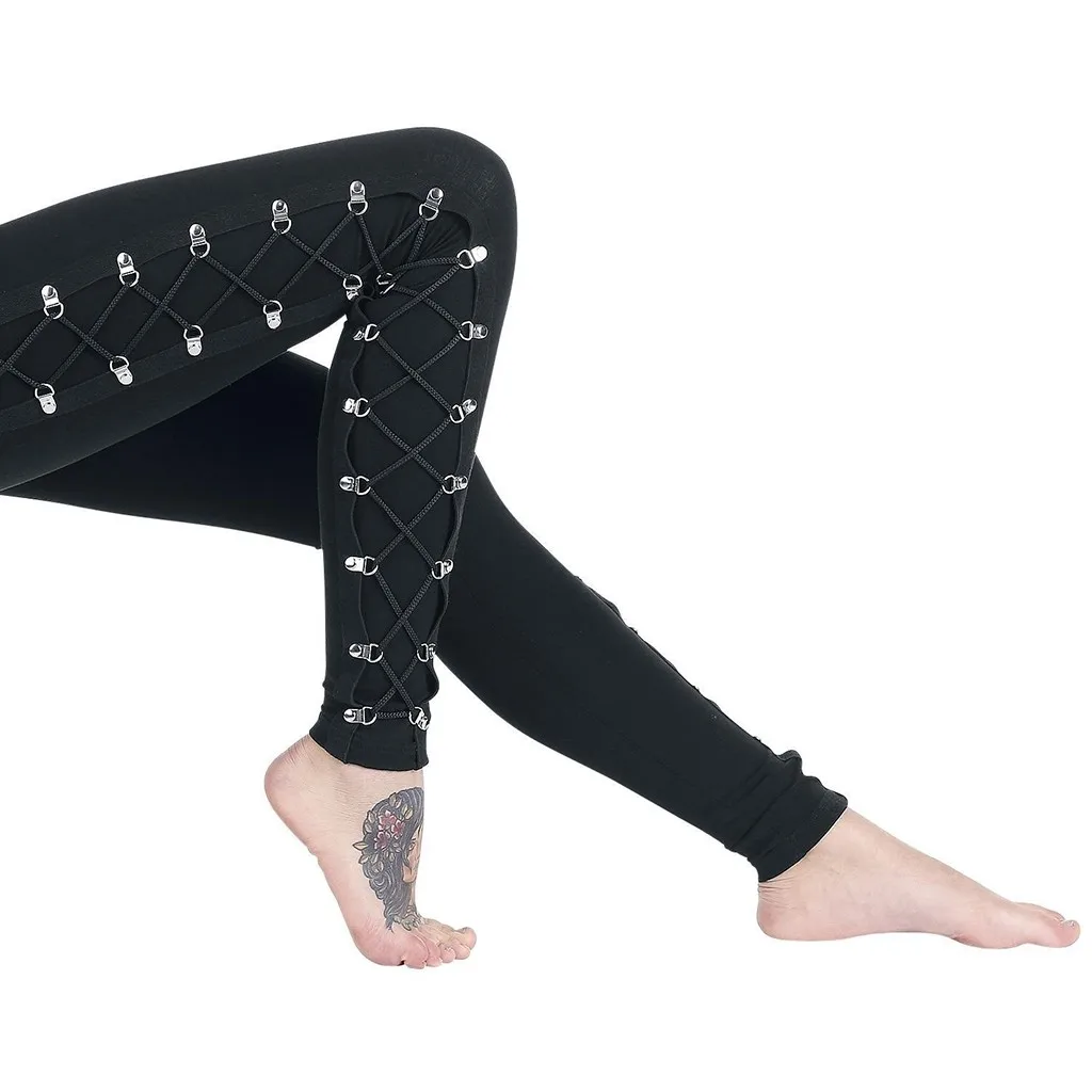 

Fashion Women Sexy Gothic Lady Side Lace Up Leggings Black Trousers Warmer Fit Print Sporting Workout Skinny Pans Trousers