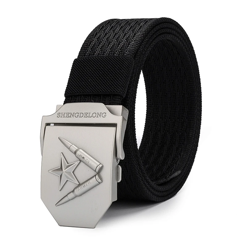 

New automatic smooth buckle nylon belt canvas belt wide war wolf Pentagram bullet buckle