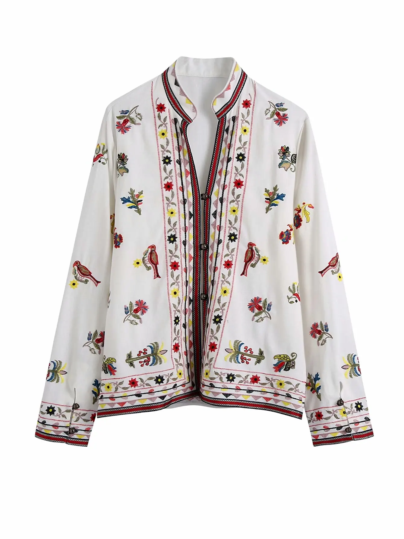 

2021 Autumn Women Floral Birds Embroidery Casual Kimono Blouse Lady Stand Collar Shirts Chic Ethnic Blusas Tops