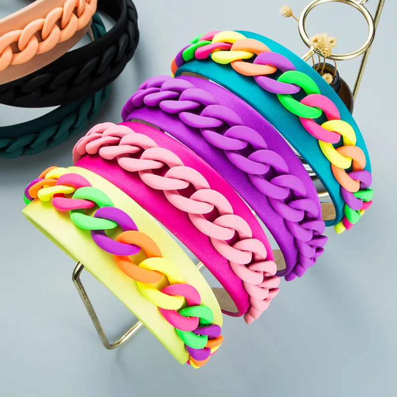 

2021 New Colorful Chain Macaron Headband Fashion Hair Accessories Women's Pastoral Style Broad-brimmed Hairbands Cute Hair Hoop