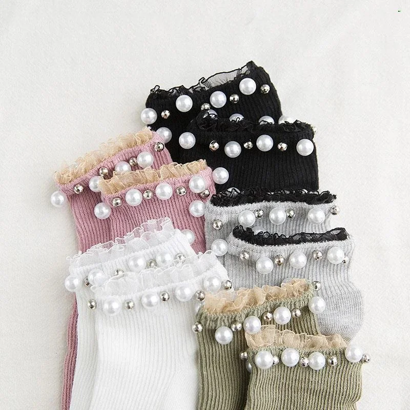 Носки женские кружевные однотонные дышащие хлопковые милые модные с жемчугом в