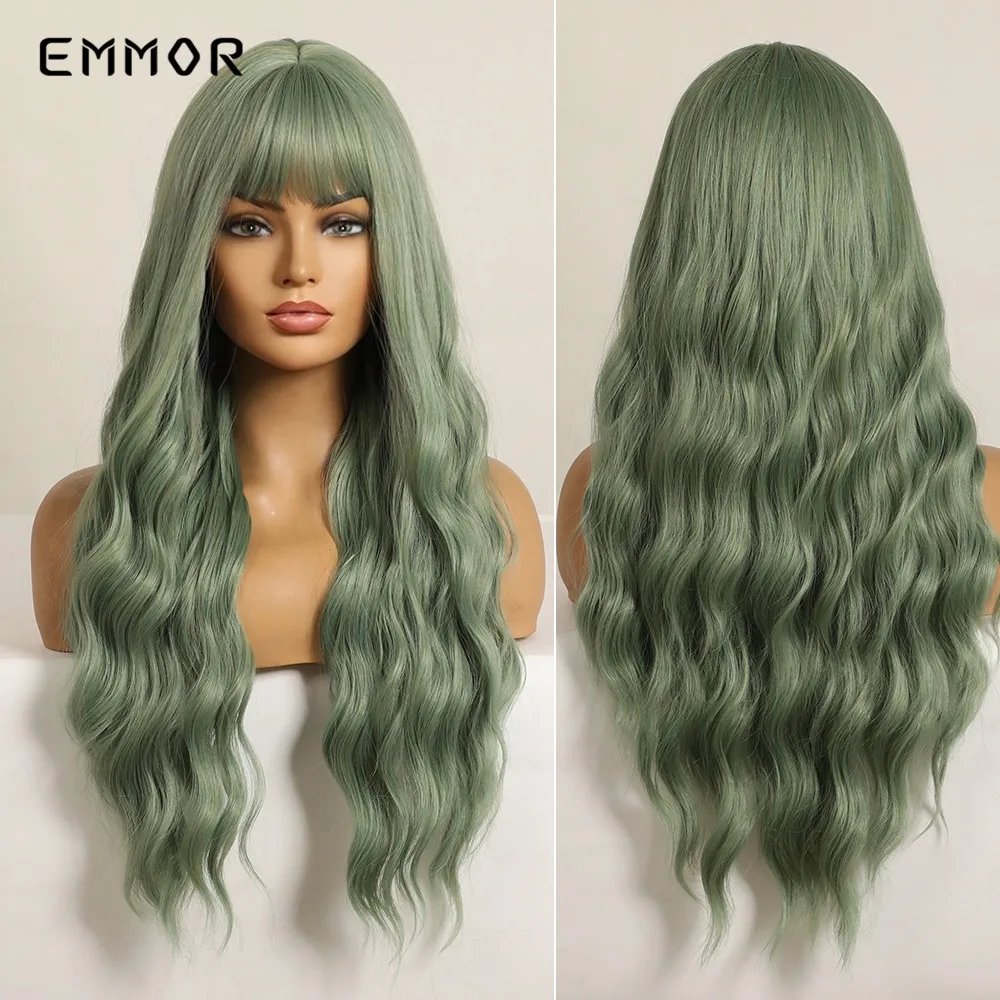 

Emmor Long Body Green Water Wave Wigs Women's Heat Resistant Synthetic Curly Wavy Wigs With Bangs Natural Heat Resistant Wig