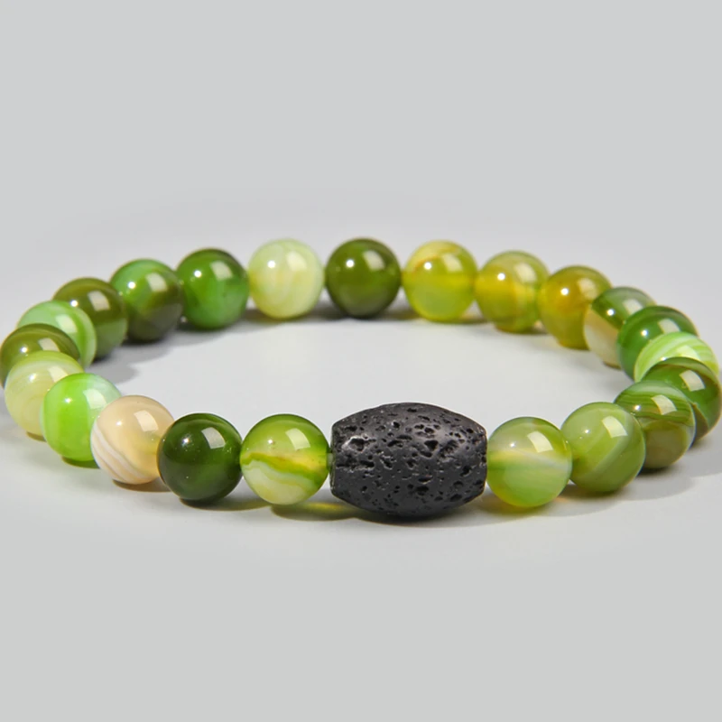 Натуральные зеленые Агаты бусины браслет из черной лавы браслеты для женщин