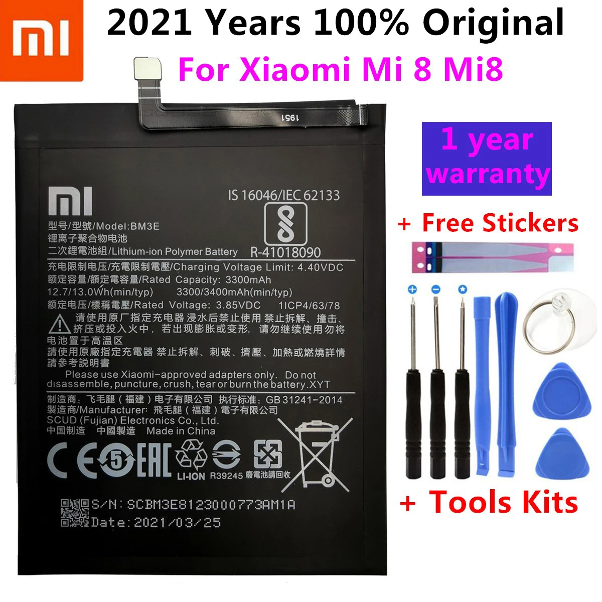 

2021 Original Phone Battery BM3E for Xiaomi Mi 8 Mi8 M8 Real 3400mAh High Quality Replacement Battery