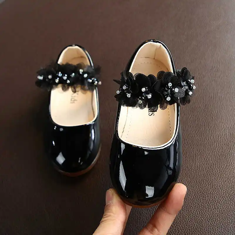 Girls Leather Shoes 2021 Flower Crystal Mary Janes For Baby White Wedding Kids Flats Dance Black Pink |