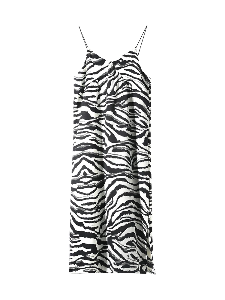 

Autumn Summer Women Dresses French Casual Split Retro Zebra-Stripe Print Dress Office Lady Slim V-neck Strap Long Dress Vestido
