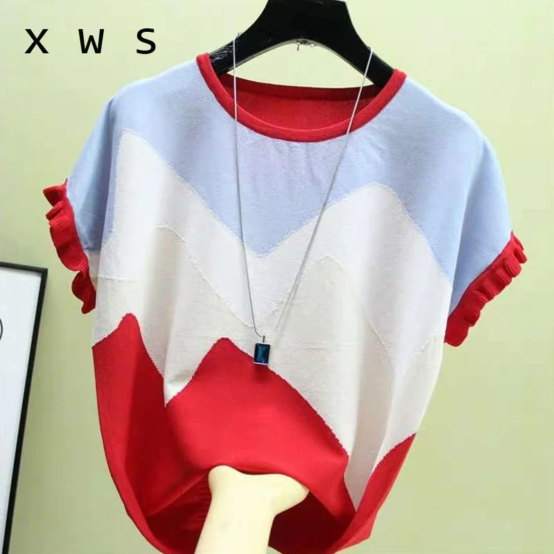 Свитер женский в стиле пэчворк трикотажный тонкий пуловер оверсайз с коротким