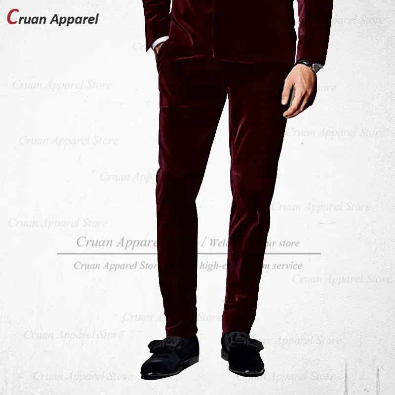 

2022 Elegant Burgundy Velvet Mens Suit Pants Slim Fit Casual Trouser Tailor-made Formal Groomsmen Groom Prom Party Wedding Pants