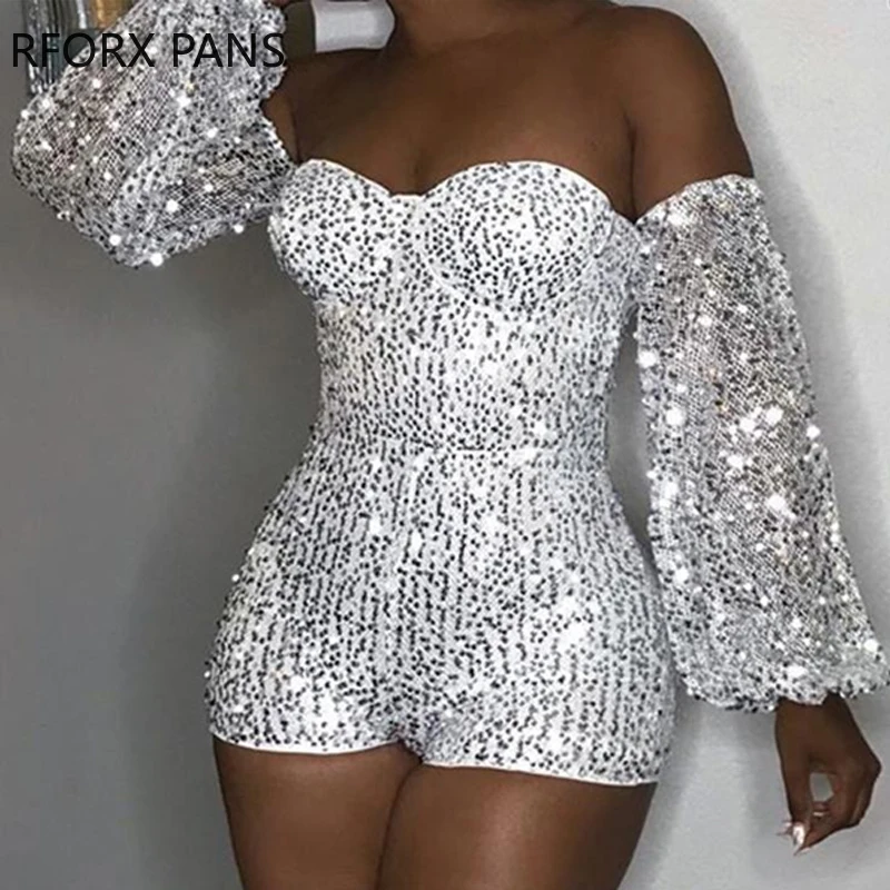 Комбинезон с длинным рукавом открытыми плечами и блестками|Комбинезоны c