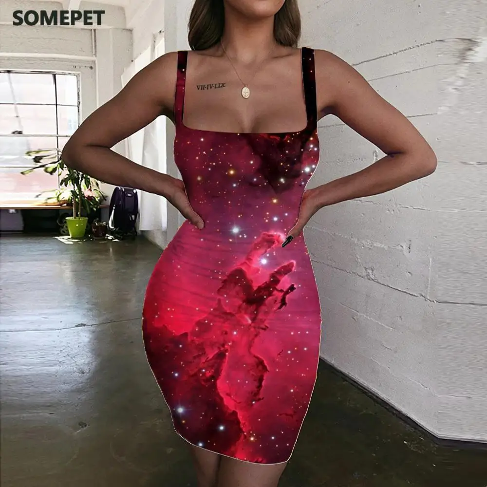 SOMEPET Galaxy Dresses Women Nebula 3d Print Space Halter Sleeveless Universe Ladies Dresses Womens Clothing Party Short Beach