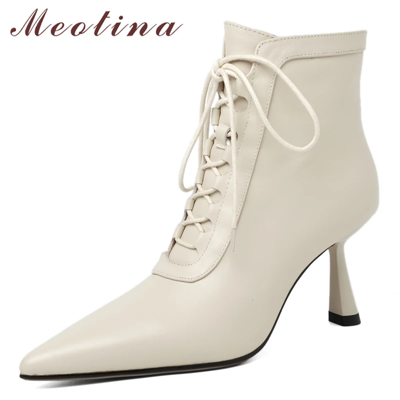 

Meotina Women Genuine Leather Ankle Boots Thin High Heel Shoes Zipper Pointed Toe Ladies Footwear Short Boots Autumn Winter 40