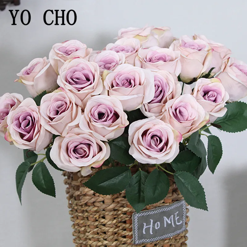 yo cho artificial flower bouquet 12 heads silk rose burgundy blue flower fake rose bunch wedding party home table decoration free global shipping