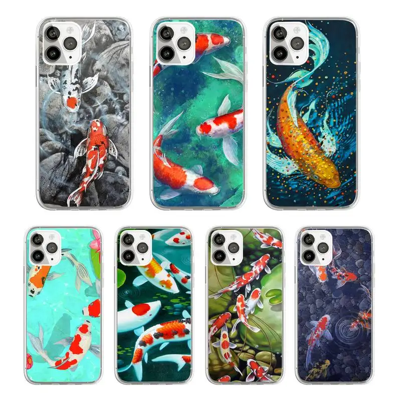 

Chinese Koi Fishes pattern Phone Case Transparent soft For iphone 12 11 13 7 8 6 s plus x xs xr pro max mini