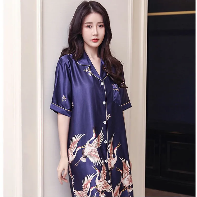 

Летняя ночная рубашка с принтом Журавля, сексуальная ночная рубашка, свободная ночная рубашка с коротким рукавом, повседневная одежда для с...