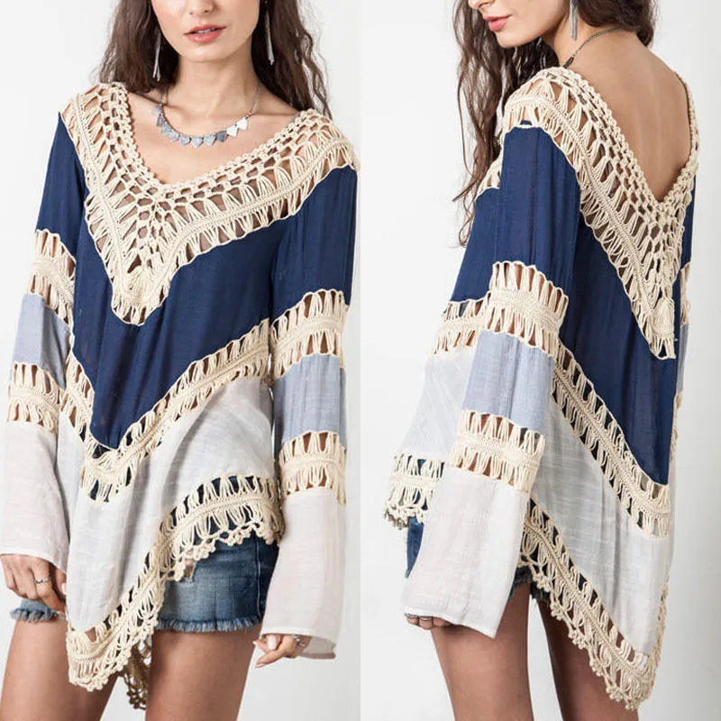 Women Hot Sale High Quality Cotton Long Sleeve V-neck Blouse Ladies Orange Blue Girls Blouses Blearance Hollow Out | Женская одежда