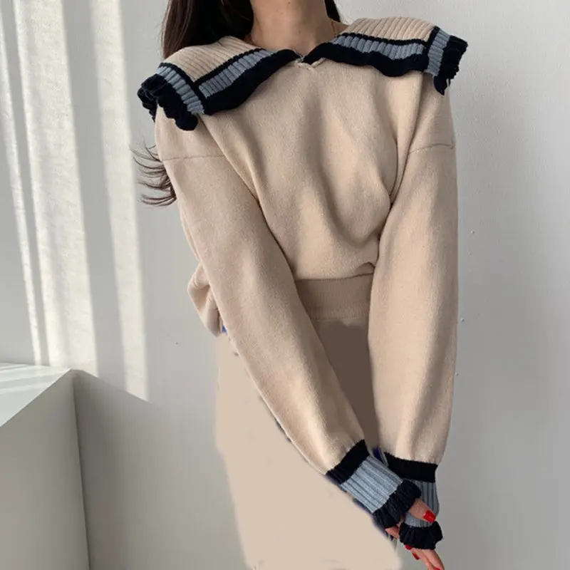 RICININA Knitted Sweater Women Soldier Collar Long Sleeve Ruffles Casual Sweaters Ladies Elegant 2020 Knitting Pullovers | Женская