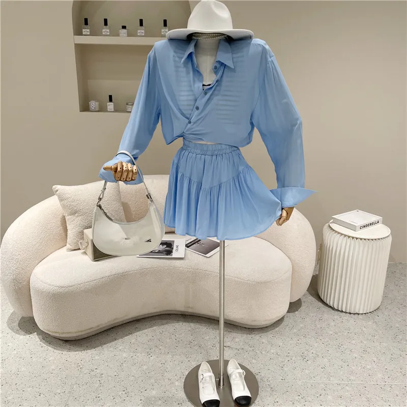 

NewWomen's clothing Spring Summer 2021 Fashion Temperament Lapel top High waisted shirt + skirt Set