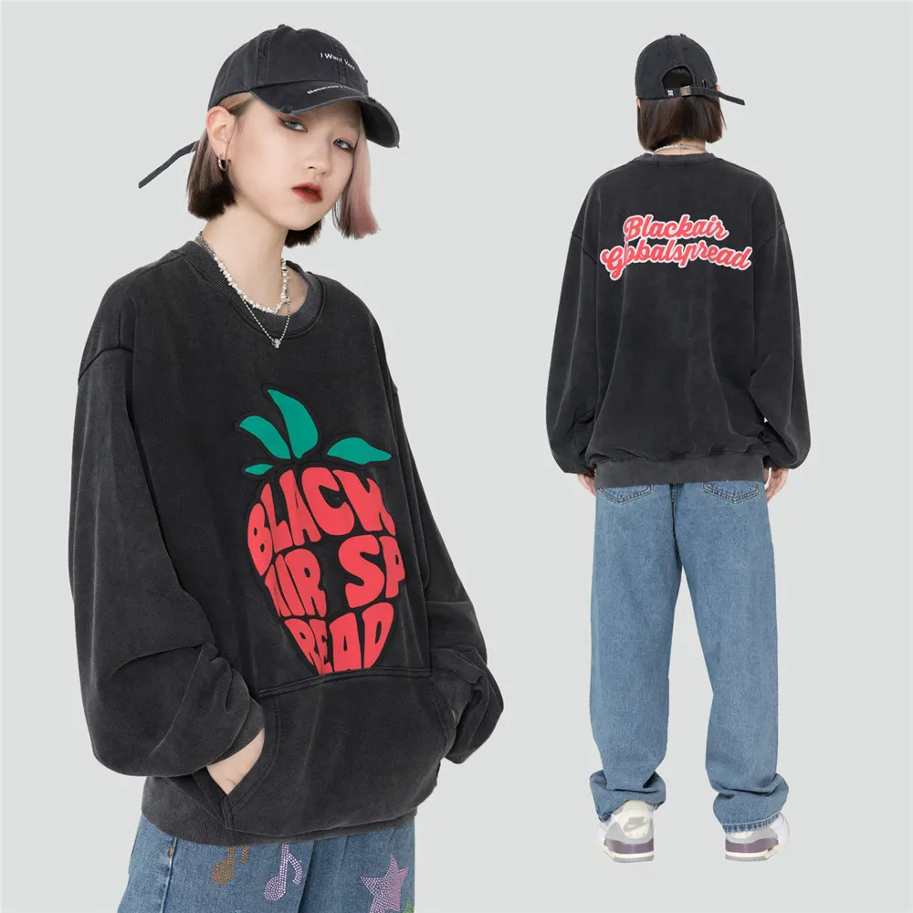 

Sweatshirts for Men Women Washed Grey Hoodie Hip Hop Casual Streetwear Harajuku Pullover Cotton Oversized Strawberry Clothing