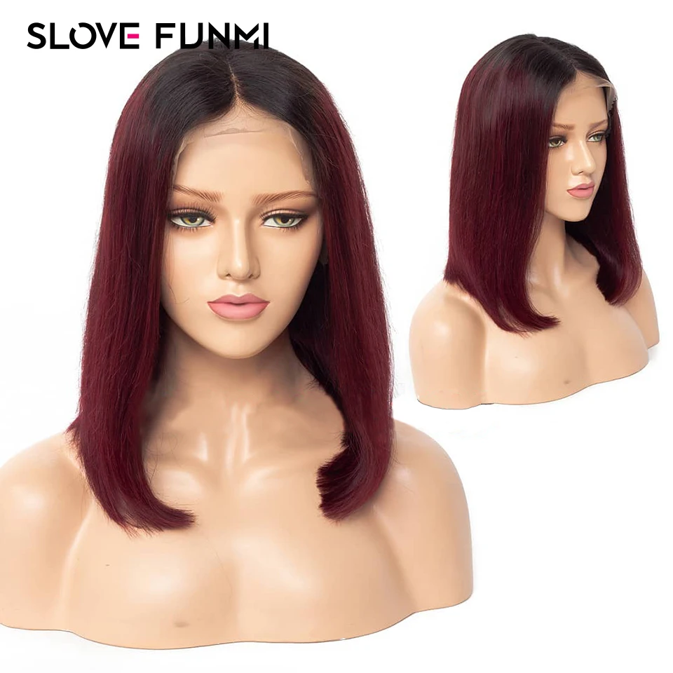 Slove Funmi 13*4 1B/99J бордовый 1B/27 Омбре кружевной передний парик человеческих волос короткий боб прямой Remy бразильский предварительно сорвал с челкой