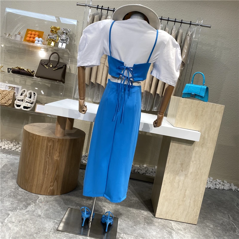 

Simple Round Collar Bubble Sleeve Short T-shirt + Small Suspender + High Waist Side Slit Hip Wrap Skirt Salt Series 3 Pieces