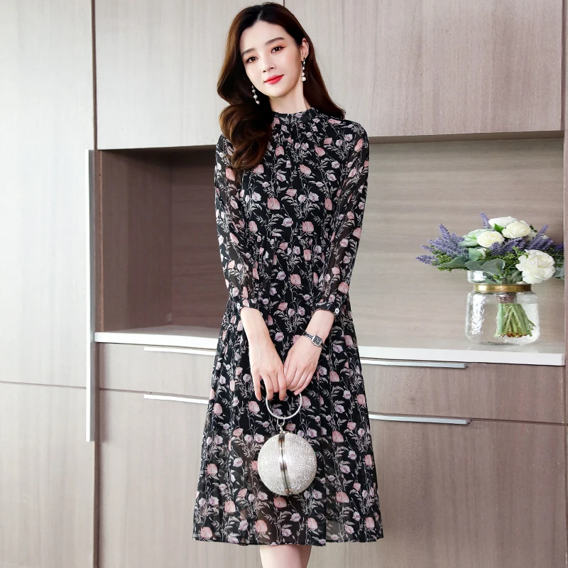 

2021 Classy Women Party Vestidos Spring Autumn Black Vintage Floral Chiffon Midi Dress Plus Size Boho Beach Long Sleeve Dresses