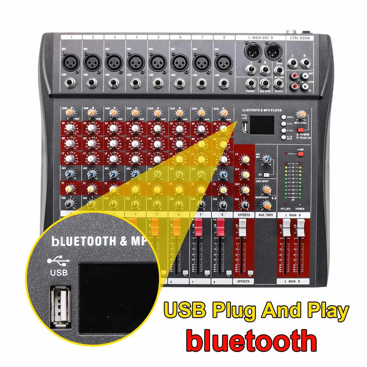 

bluetooth Audio Mixer DJ Sound Mixing Console with USB MP3 Jack 8 Channel Professional Karaoke Amplifier 48V Phantom Power