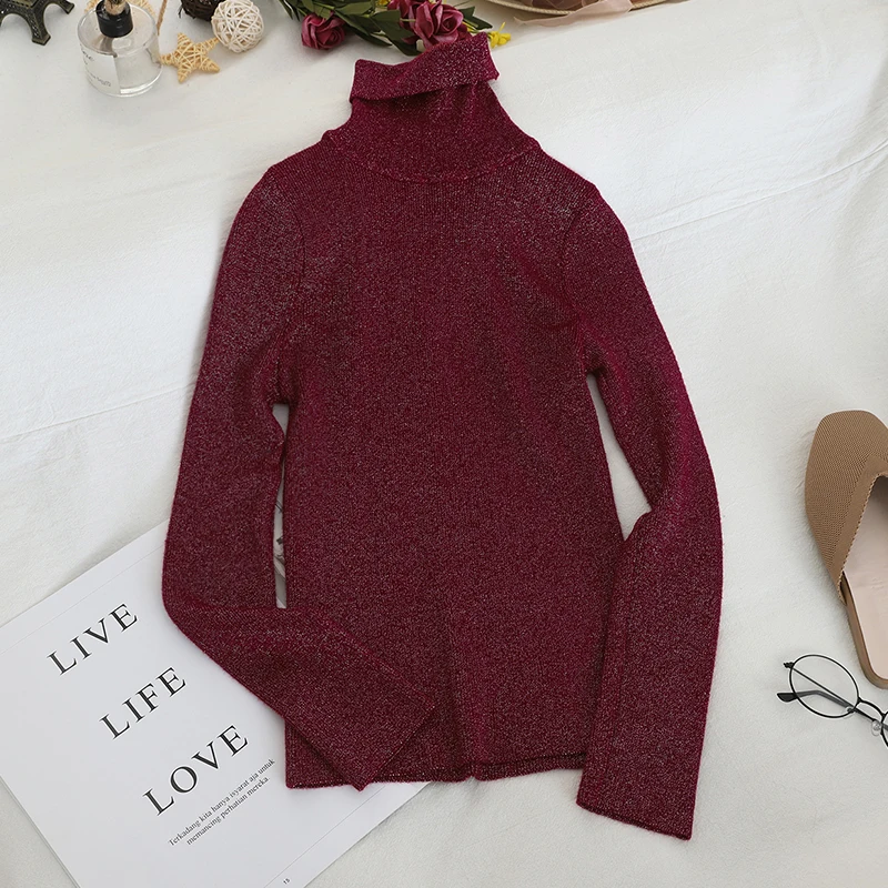 SINGRAIN Блестящий свитер с высоким воротом Женский трикотажный люрексом модные