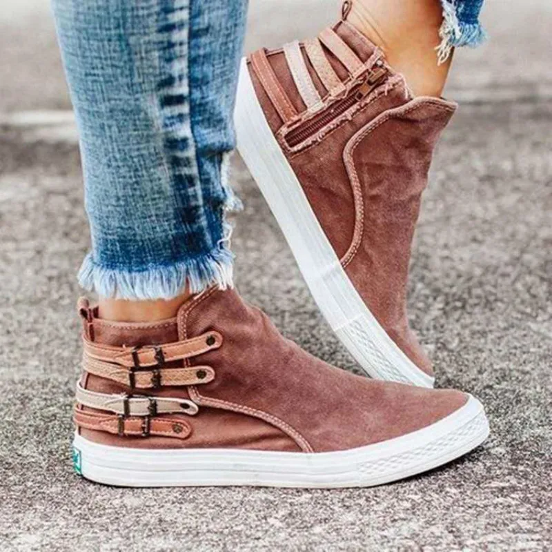 

Zapatos Informales De Lona Con Cremallera Para Mujer, Zapatillas De Tacón Plano Con Hebilla, A La Moda, Para Otoño Y Primavera,