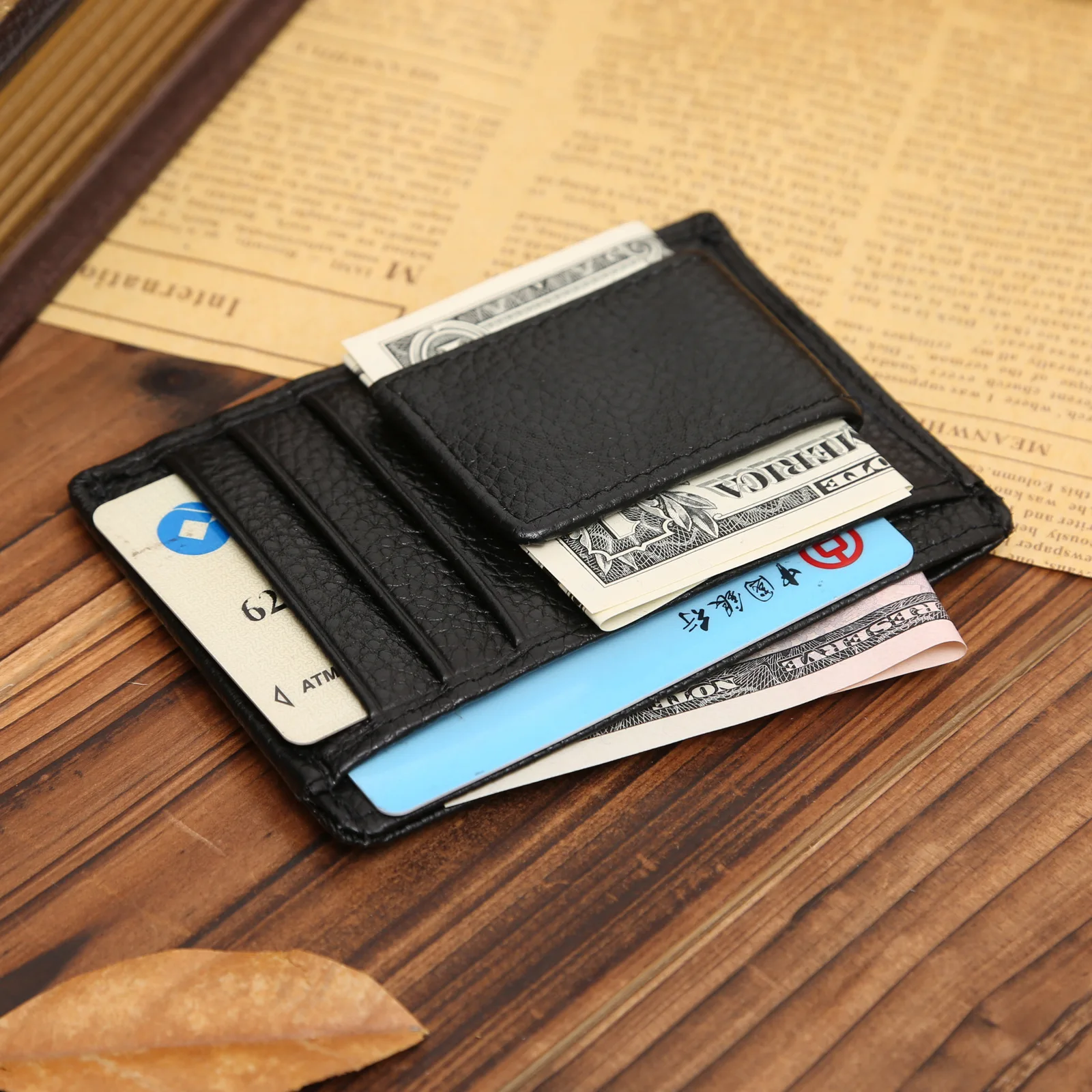 Цельный кошелек простой держатель для кредитных карт черный кожаный высшего