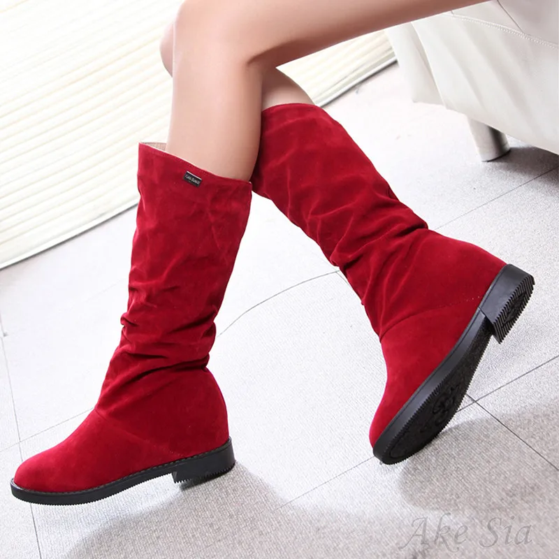 

Autumn Winter Women Boots Matte Flock Boots For Female Ladies Height Increased Low Heel Shoes Woman Mid Calf High Boots 412