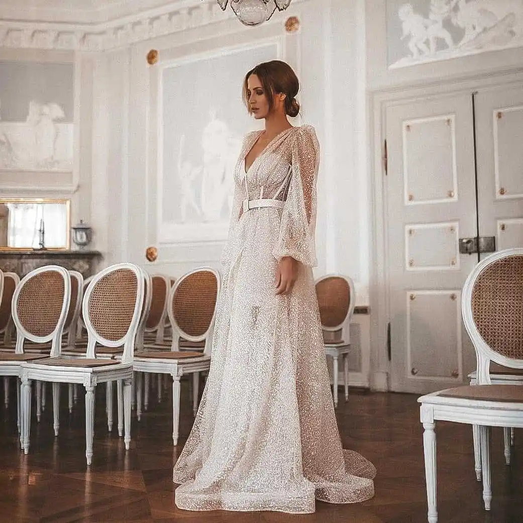 

Spring New Women's Chic Star Sequins Gauze Lantern Sleeve Lace-up Bling Fairy Dress Female Elegant V-neck Mesh Dresses