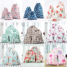 Tropical Flamingo Flower Drawstring Cotton Linen Storage Bag Gift Candy Jewelry Organizer Makeup Cosmetic Coins Keys Bags 49029