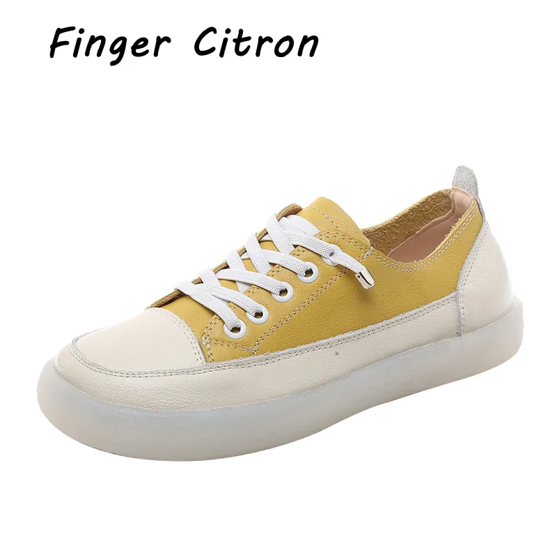 

Finger Citron Genuine Cow Leather Women Casual Shoes Round Toe Gum-Rubber Outsole Soft Leasure By Handmade Lady Style Size 35-42