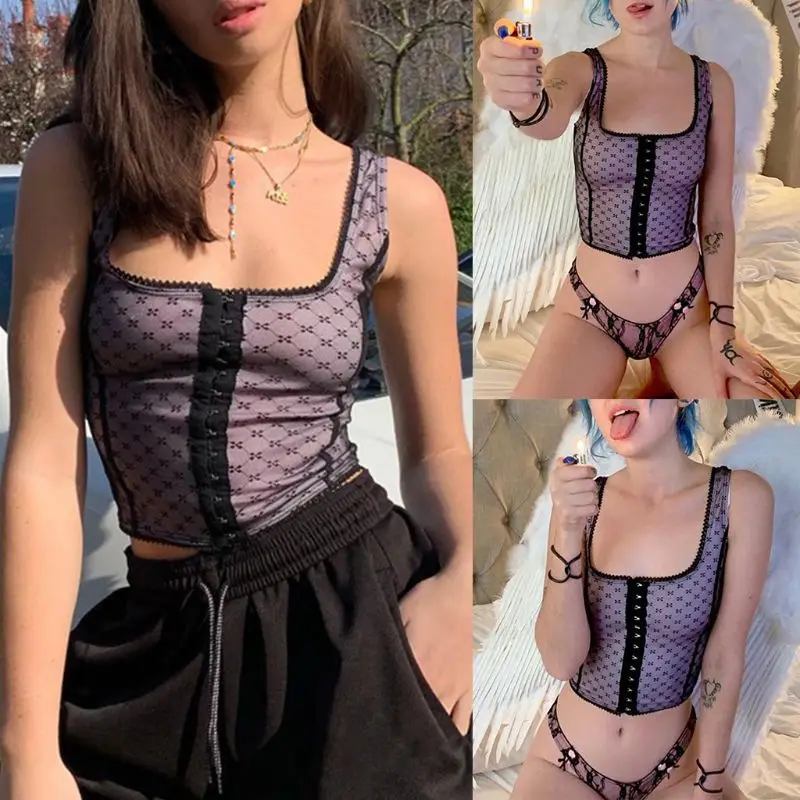 Женский летний укороченный топ без рукавов с пряжкой спереди сетчатый