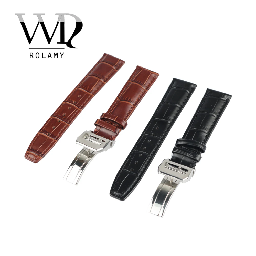 Rolamy  20 22mm  Real Calf Leather Black Brown Luxury Wrist Watch Band Strap With Silver Brushed Clasp For IWC Seiko Tudor