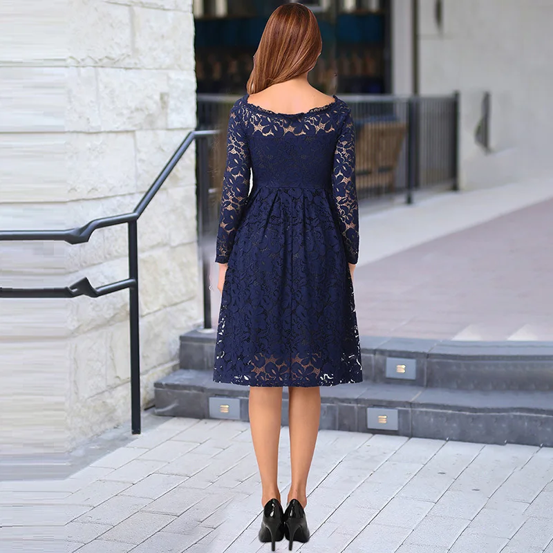 

Winter Casual Women Lace Dress Long Sleeve Slash Neck Print Skirts Autumn Fashion Elegant A-line Knee-length Dresses For Woman
