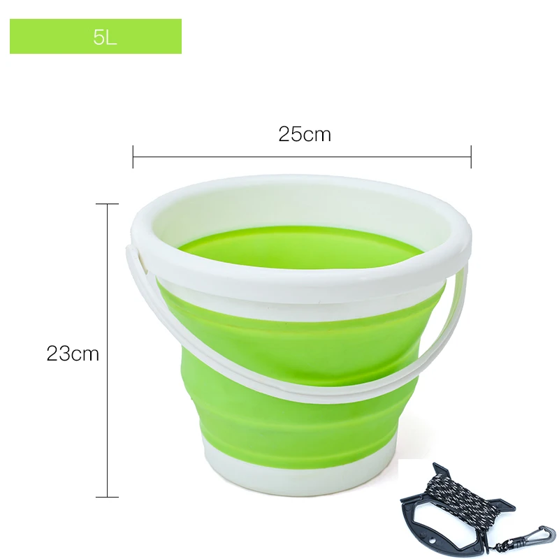 1.5-10L Portable Folding Bucket Outdoor Thick PP Silicone Fishing Supplies Folding Bucket for Fishing Promotion camping Car Wash - Цвет: 5L Green AND 6m rope
